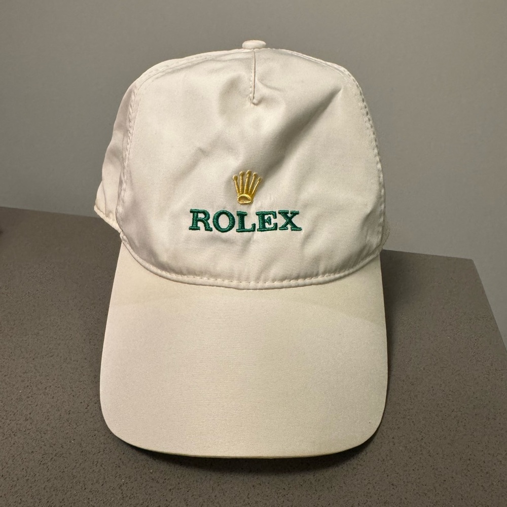 Cream Rolex White Hat with Green and Gold Logo
